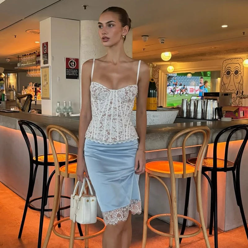 2 Piece Skirts Set Lace Corset Top and Satin Midi Skirt Women Sexy Bustier Backless Crop Top Bodycon Slip Skirts Matching Outfi