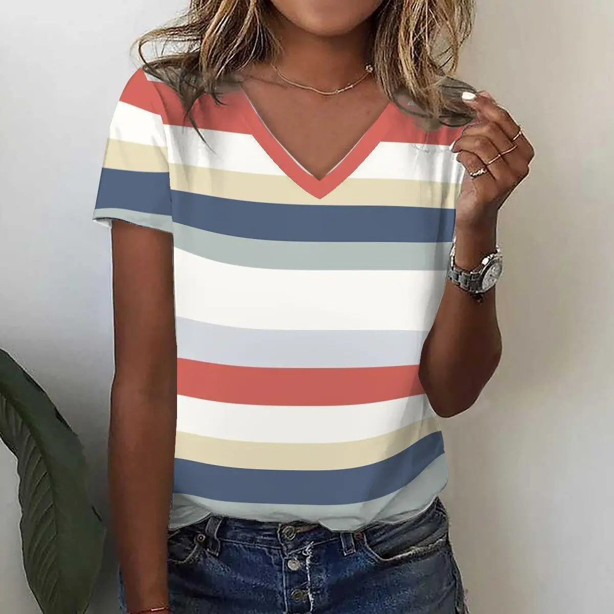 New Women's T-Shirts Funny Stripe Print Top Fashion Simple Pattern T Shirts for Women Summer Leisure Female Clothing Streetwear