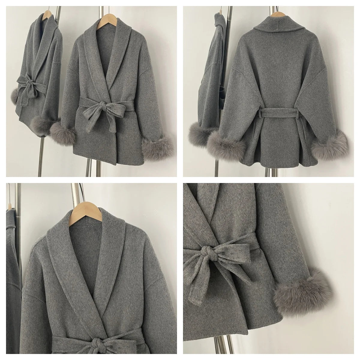 Women's Wool Coat with Fur Cuffs Minimalist Soft Wool High Fashion Belted Winter Fur Trim Coat Old Money Style Natural Fur Coat