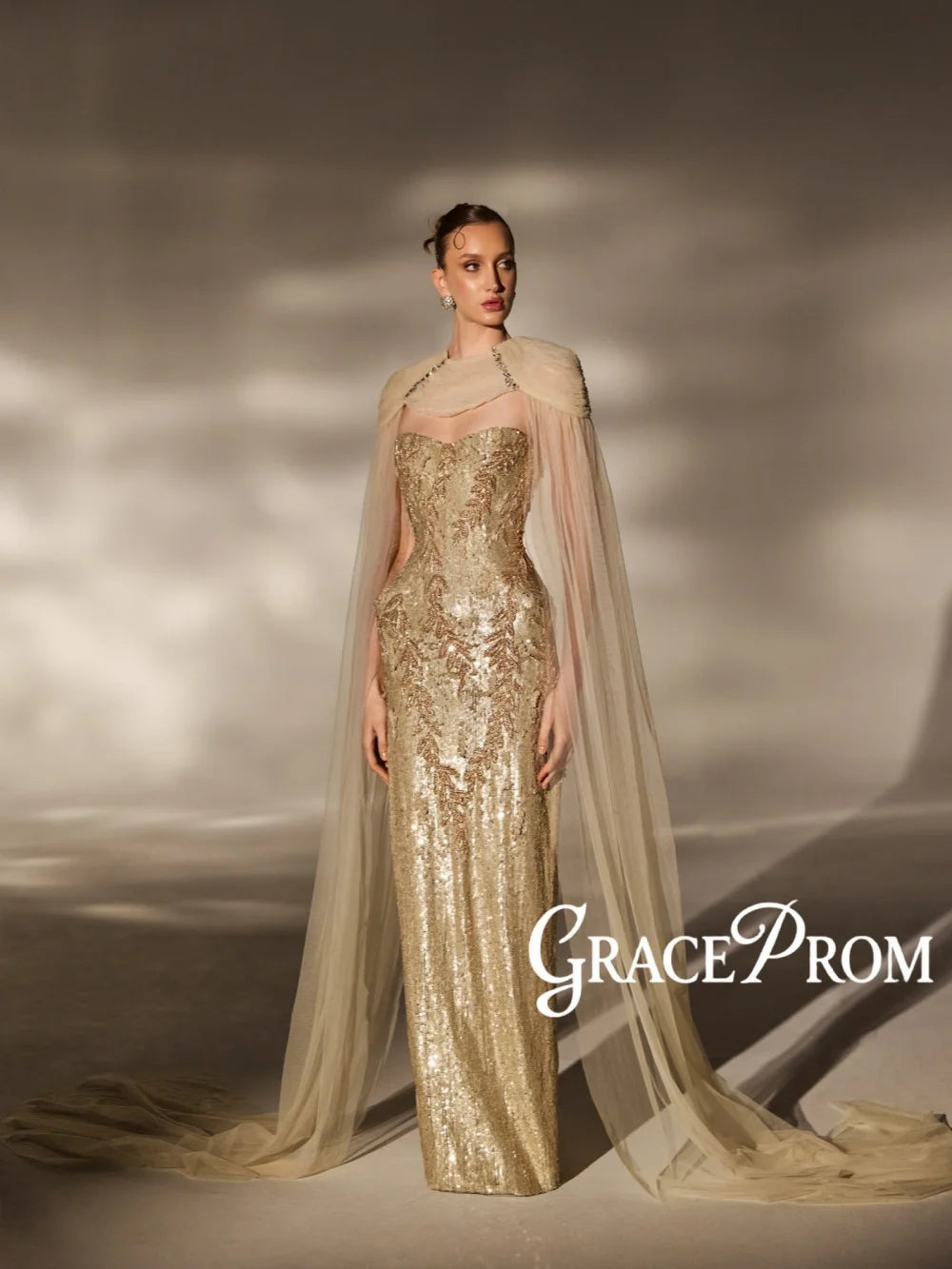 Golden Beaded Evening Dress With Cape Sleeve Glamorous Strapless Long Wedding Party Gown Customized Elegant Red Carpet Gowns