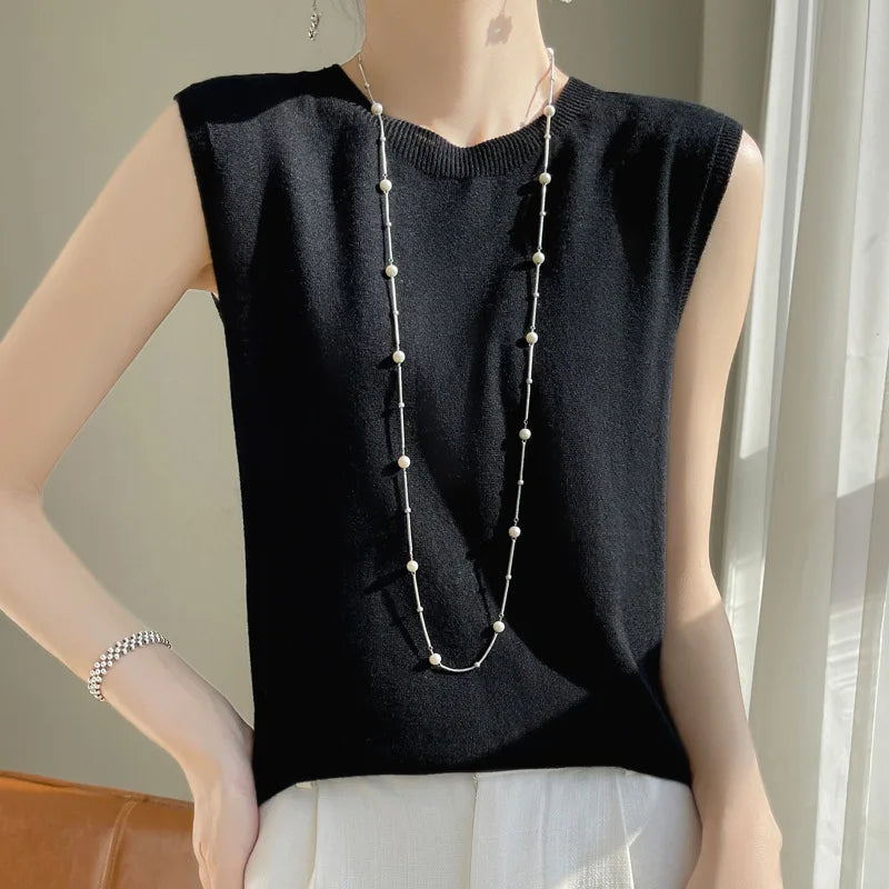 Women Tops Knitted Tank Tops O-neck Sleeveless Bottoming Shirts Spring Summer Tank Top Solid Soft Korean Fashion Lady Knit Top