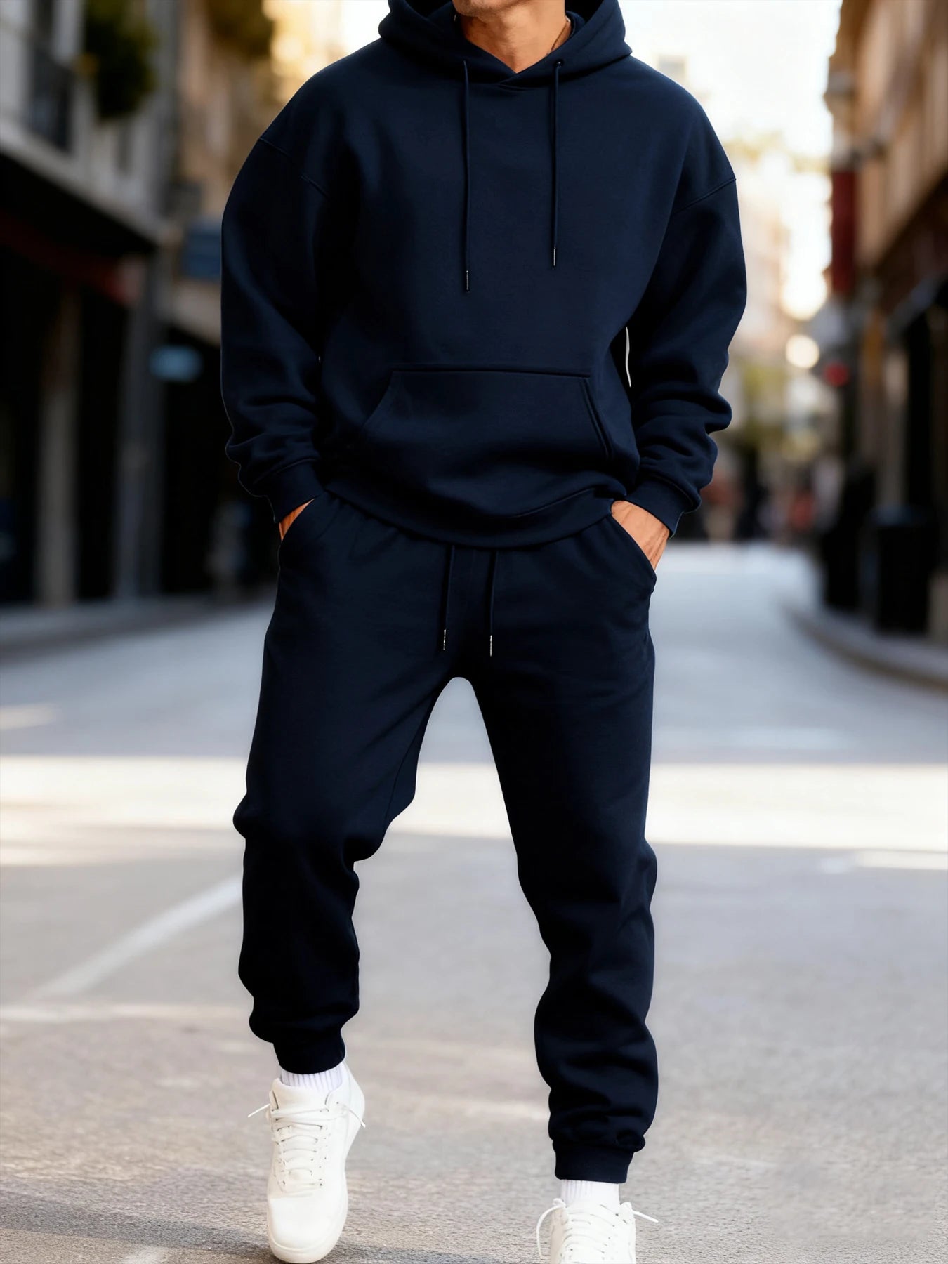 Man Hoodie Set Winter Solid Color Two Pices Sets Long-Length Street Clothes Casual Sports Sweatpant Hoody Unisex Fashion Suit