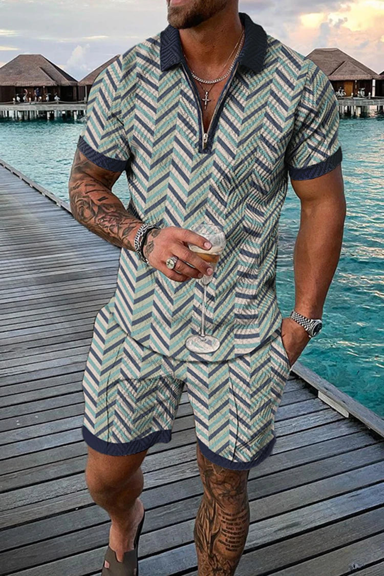 Summer Men's Tracksuit Short Sleeve Polo Shirt Set Fashion Luxury Chain Print Clothing 2 Pieces Casual Suit Streetwear Outfit
