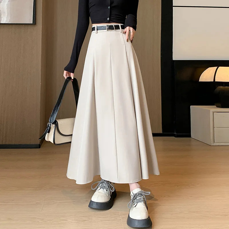Elegant Skirts for Women Korean Style Long Skirt Female Black Pleated Midi Skirt Women's Clothing Office Lady Skirts Outfits New