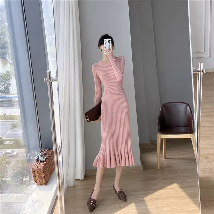 Elegant Knit Flounce Midi Dress