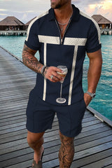 Summer Men's Tracksuit Short Sleeve Polo Shirt Set Fashion Luxury Chain Print Clothing 2 Pieces Casual Suit Streetwear Outfit