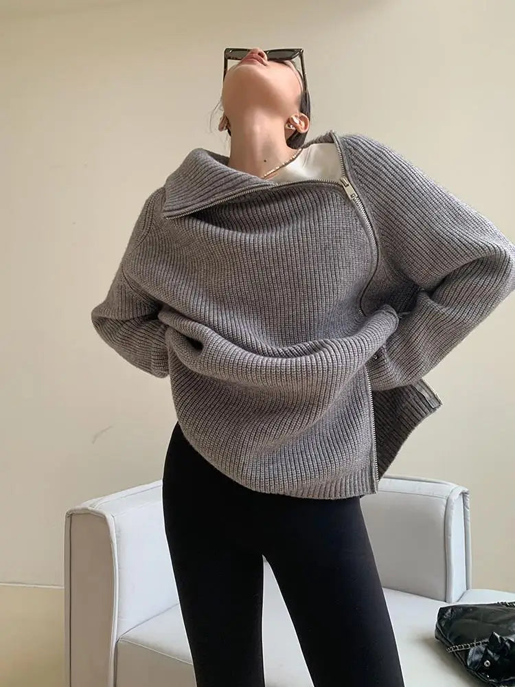 Oversized Zip Turtleneck Knit Sweater