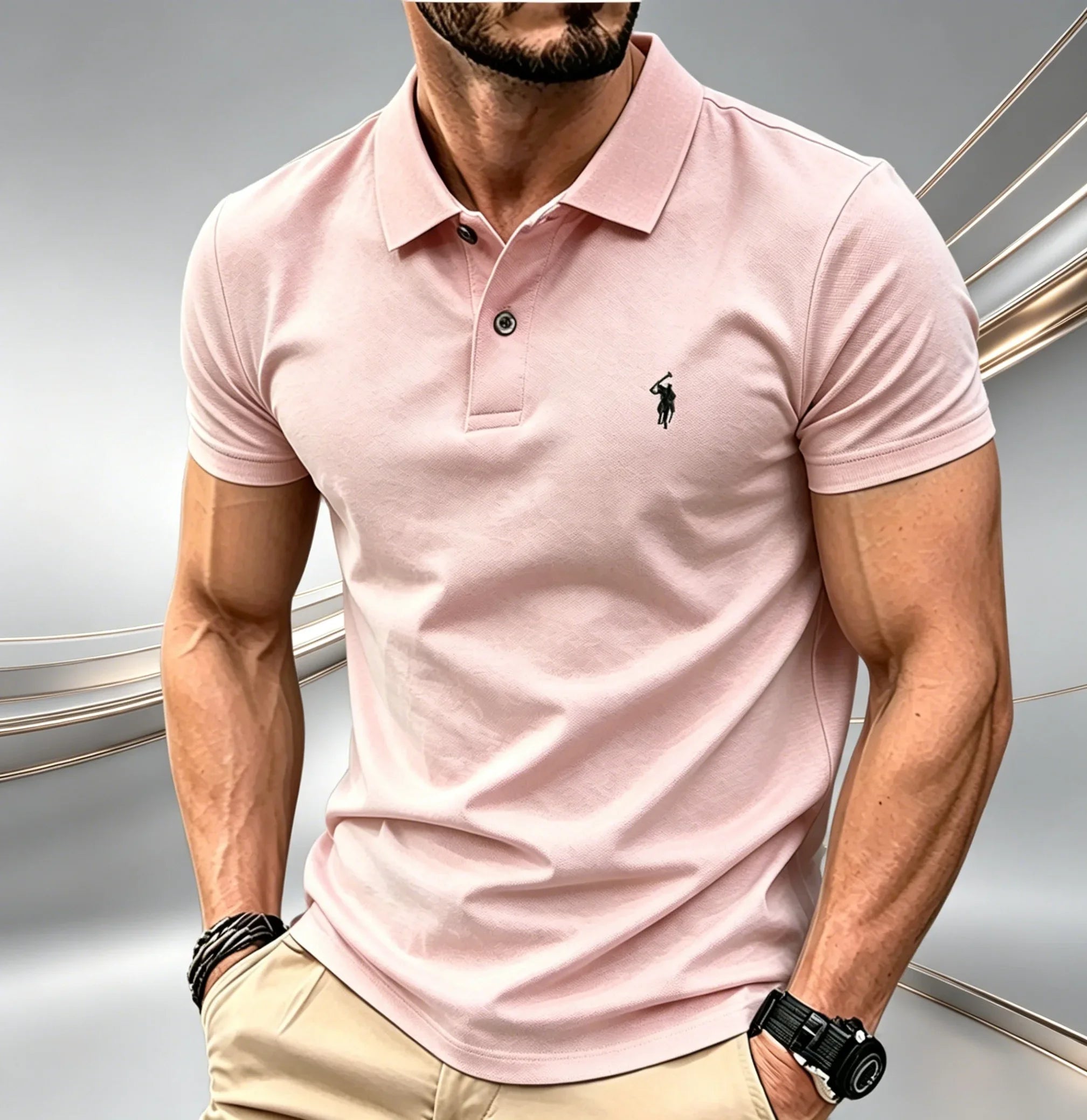 Men Solid Color Polo Shirt Regular Fit Business Casual Short Sleeve Tops With Small Horse Embroidery Chest Print