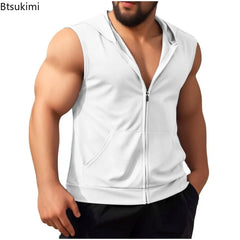Summer New Men's Workout Hooded Tank Tops Zip-up Sleeveless Gym Bodybuilding Tees Muscle Tops Male Streetwear Casual Sweatshirts