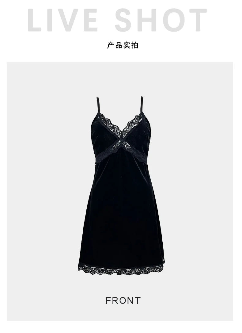 Women's Velvet Nightdress Sexy Deep V Nightgown Female Lace Patchwork Suspender Skirt Backless Adjustable shoulder strap Dress