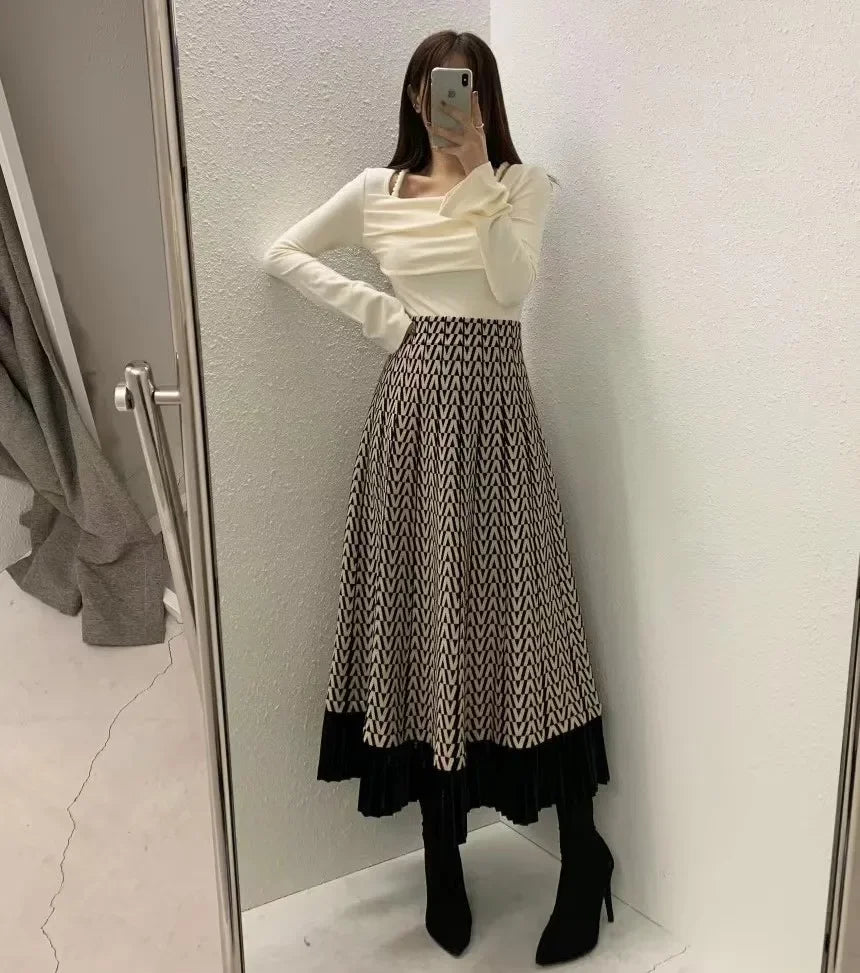 Retro Knitted Pleated Midi Skirt