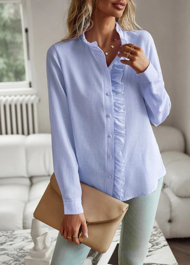 Women's Shirt Elegant Long Sleeve Ruched Stand Neck Office Lady Blouse Casual Button Shirts Harajuku Tunics Street Simple Tops