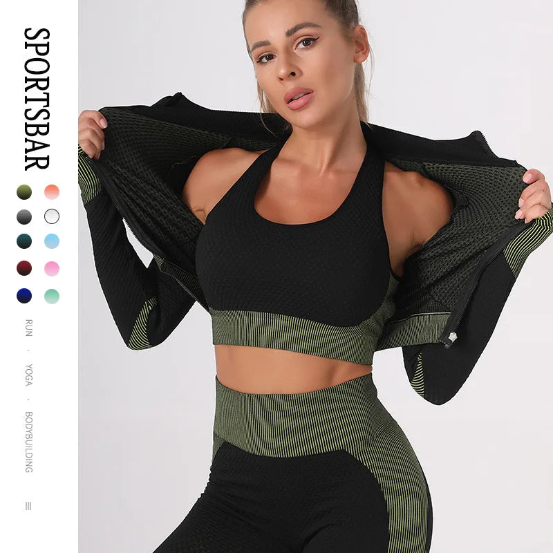 Summer Women's Yoga Sets Seamless Sports and Fitness Suit Tight Fast-drying Waist Closing Yoga Clothing Three-piece Set