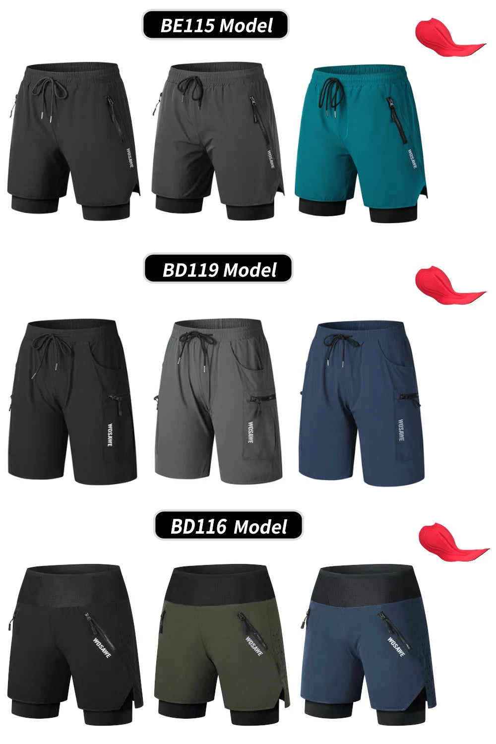WOSAWE MTB Shorts Summer Men Cycling Shorts 2 in 1 Mountain Bike Padded Shorts Double Layer Downhill Bike Quick Dry Short Pants