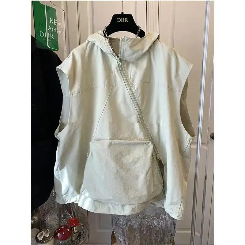 Women Hooded Vests Coats Single Breasted Loose Casual Tops Spring Autumn Korean Simple All-match Breathable Waistcoat