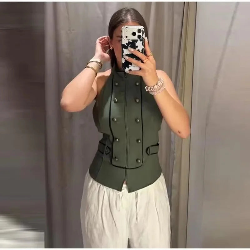 Women's Top 2026 Summer Elegant Fashion Silky Vacation Halter Neck Backless Sexy Unique Army Green Beach Style Party Women's Top