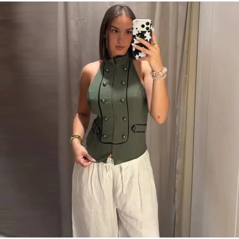 Women's Top 2026 Summer Elegant Fashion Silky Vacation Halter Neck Backless Sexy Unique Army Green Beach Style Party Women's Top