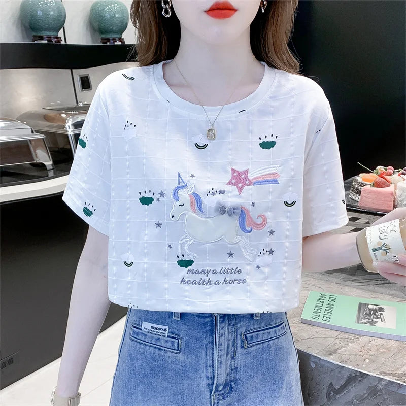 Embroidered Cartoon Summer Casual Tee