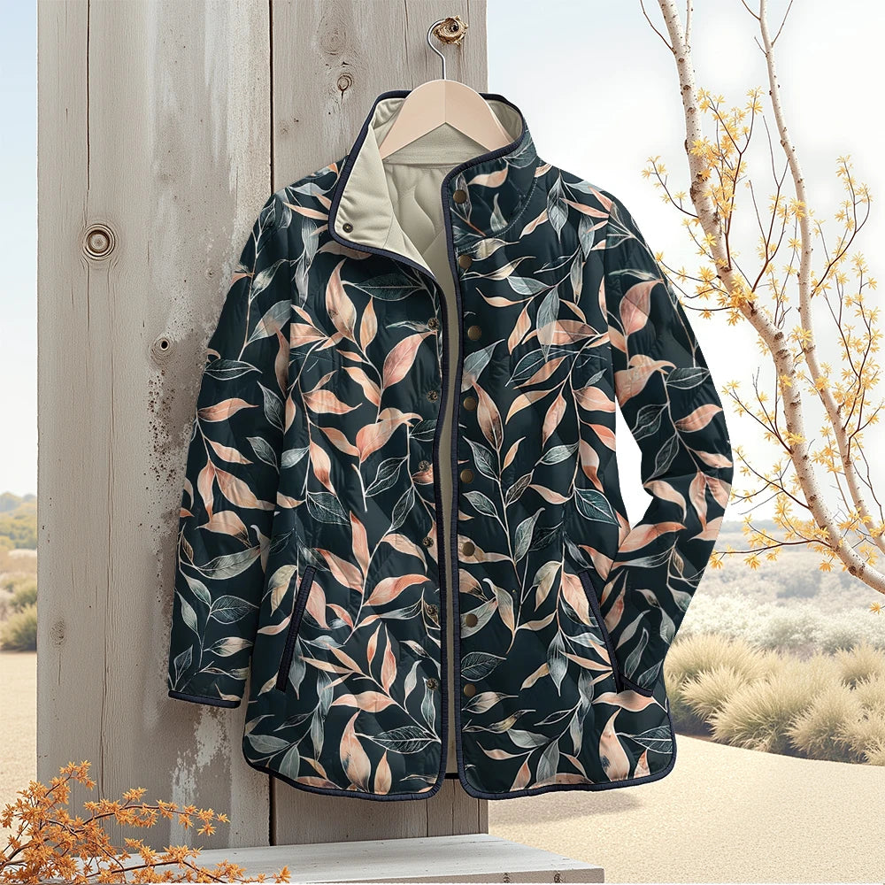 Quilted Leaf Print Winter Jacket