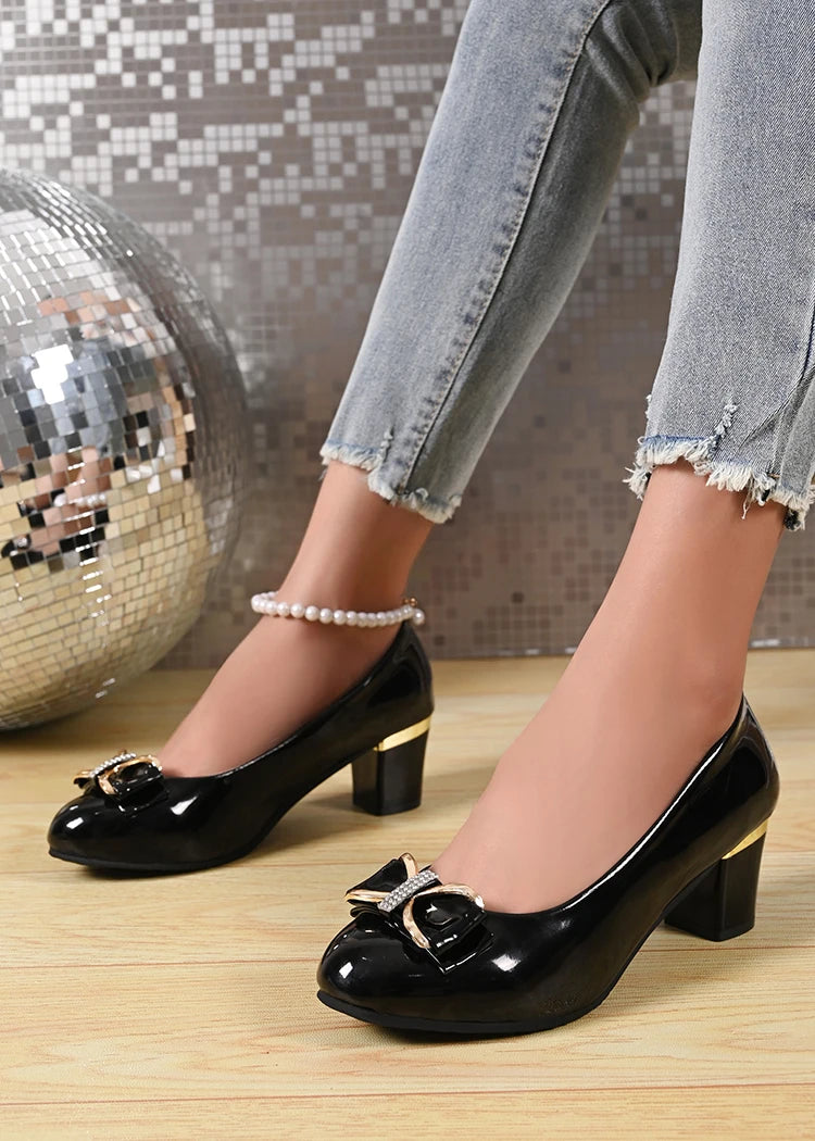 Women High Heels Low Heels Fashion Bling Bow patent leather Professional Casual Pumps Woman Wedding Party Shoes Large Size 42