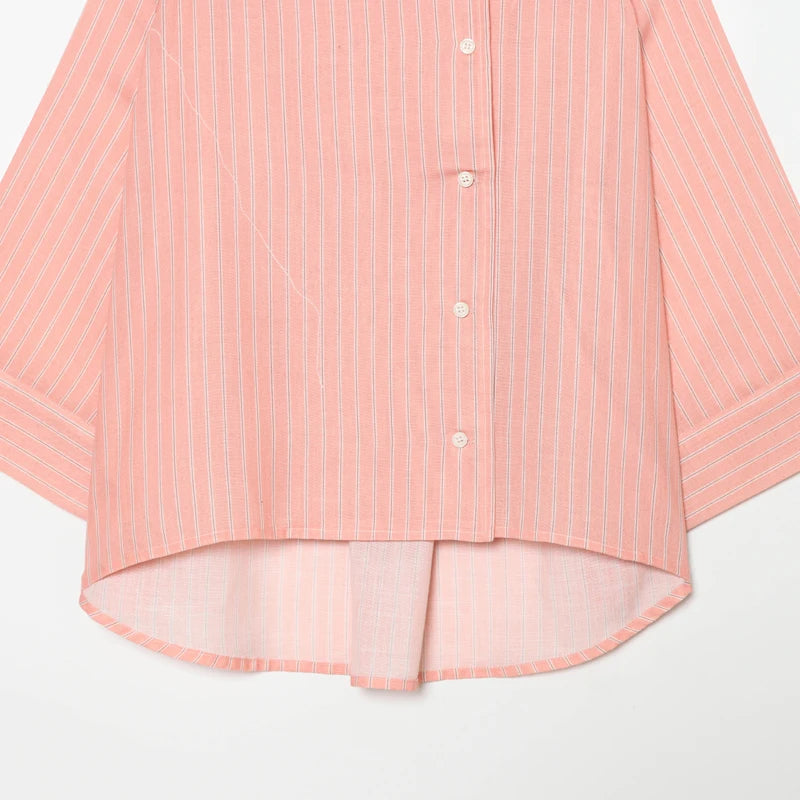 Women's Pink Striped Shirts Summer Asymmetric Button Mid Sleeve Loose Fit Shirts Casual Office Look Vintage Elegant Female Tops