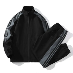 Men Fashion Tracksuit 2‑Piece Set, Stand Collar Zip‑Up Jacket & Drawstring Pants, Striped Casual Sports Outfit For Autumn Winter