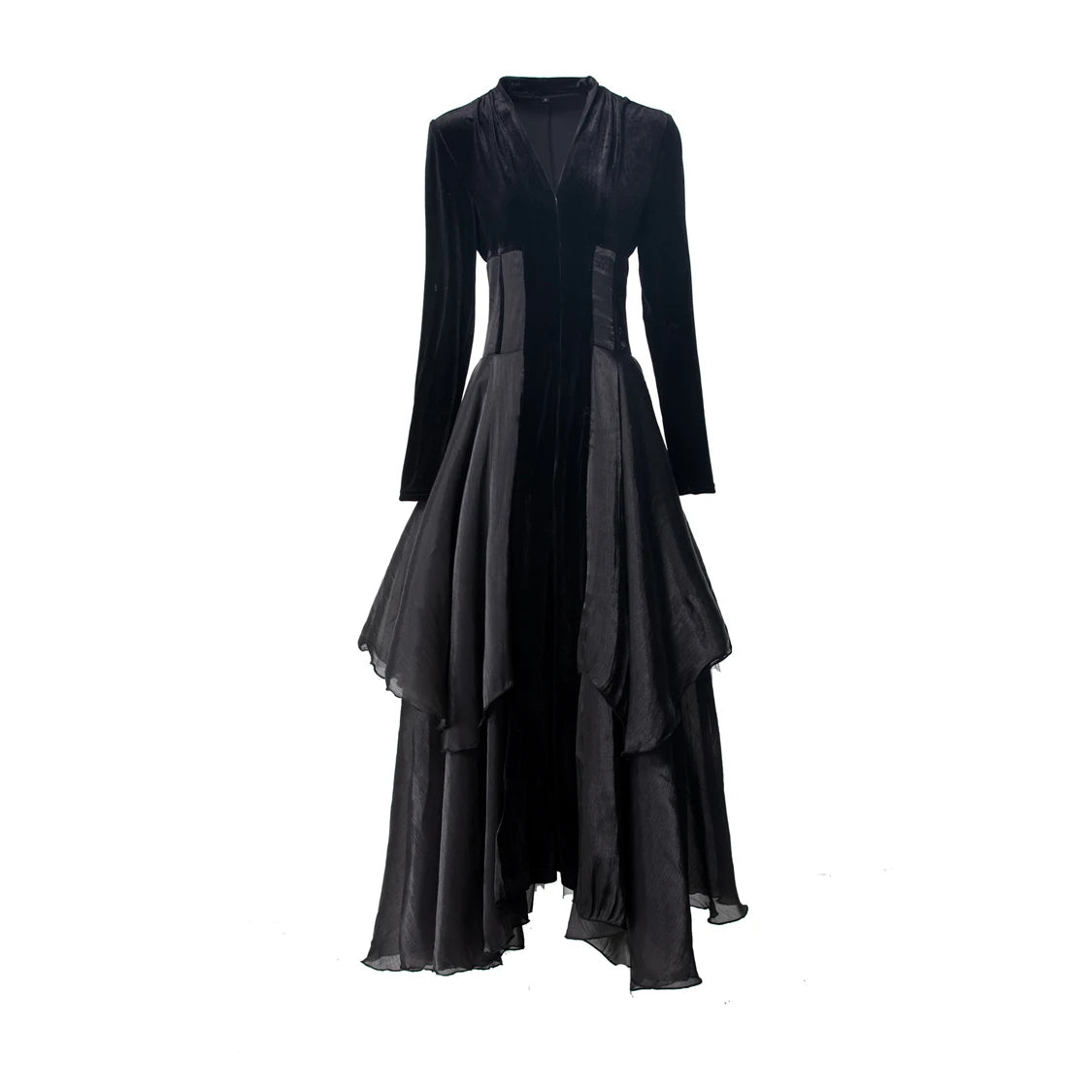 Velvet Ruffle V-Neck Evening Dress