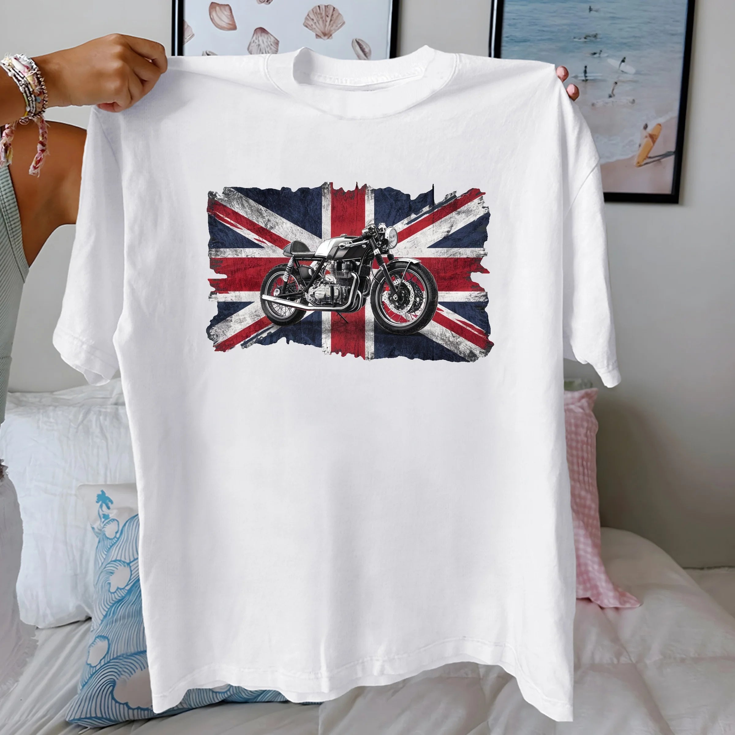 Café Racer Motorcycle Flag Graphic Cotton T-Shirt