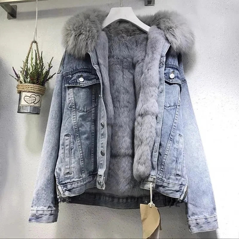 Winter Warm Coats Big Fur Collar Denim Jacket Women Basic Coat Female Cold Motorcycle Outerwear Fleece Thick Padded Overcoat