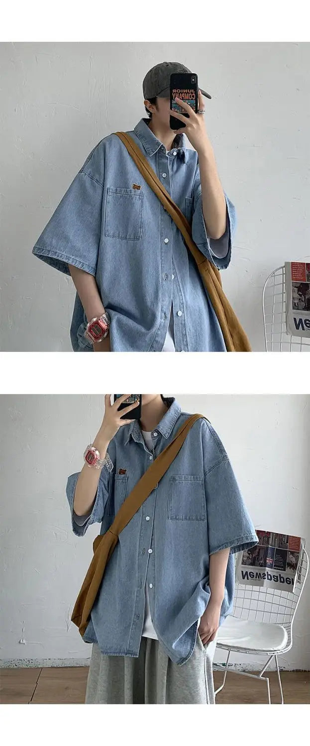 2025 Shirts Men Clothing Fashion Short Sleeve Summer Korean Style Loose All-match Cargo Handsome Homme Solid Tops Harajuku