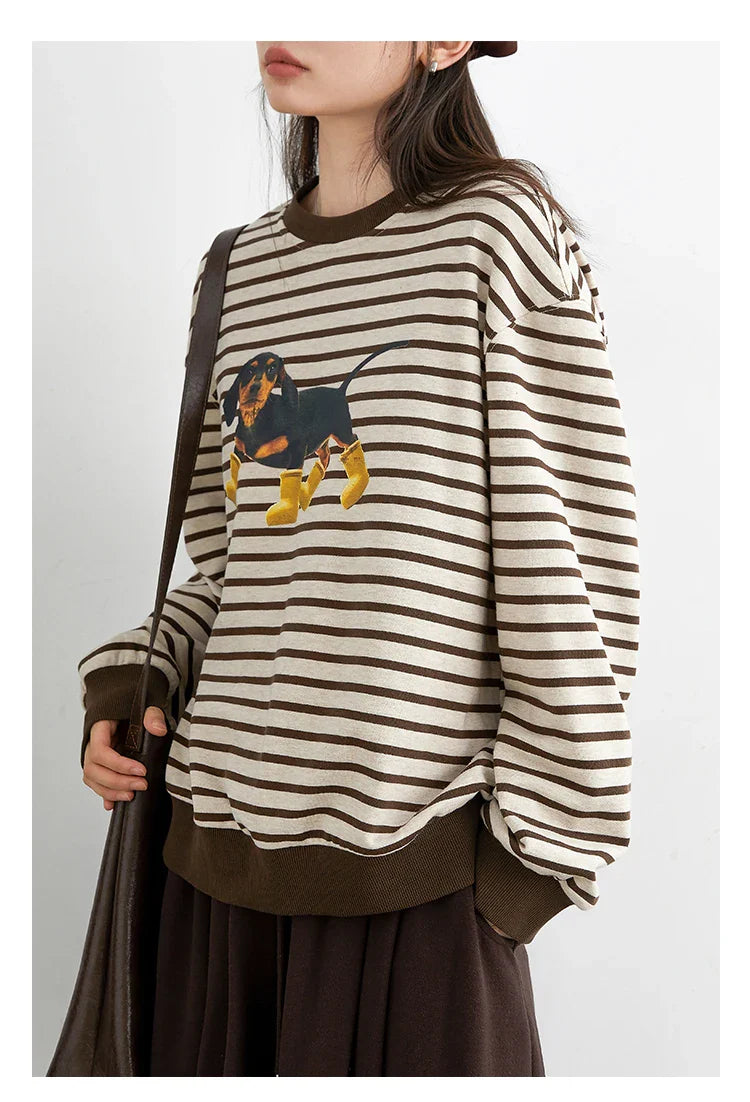 Striped Dog Print Loose Tee