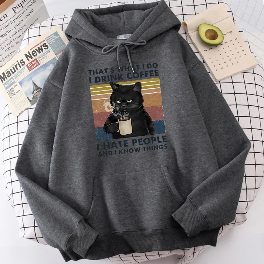 Men's fashion hoodie, high-quality cat drinking coffee print hoodie, fashionable casual hoodie, Harajuku hoodie