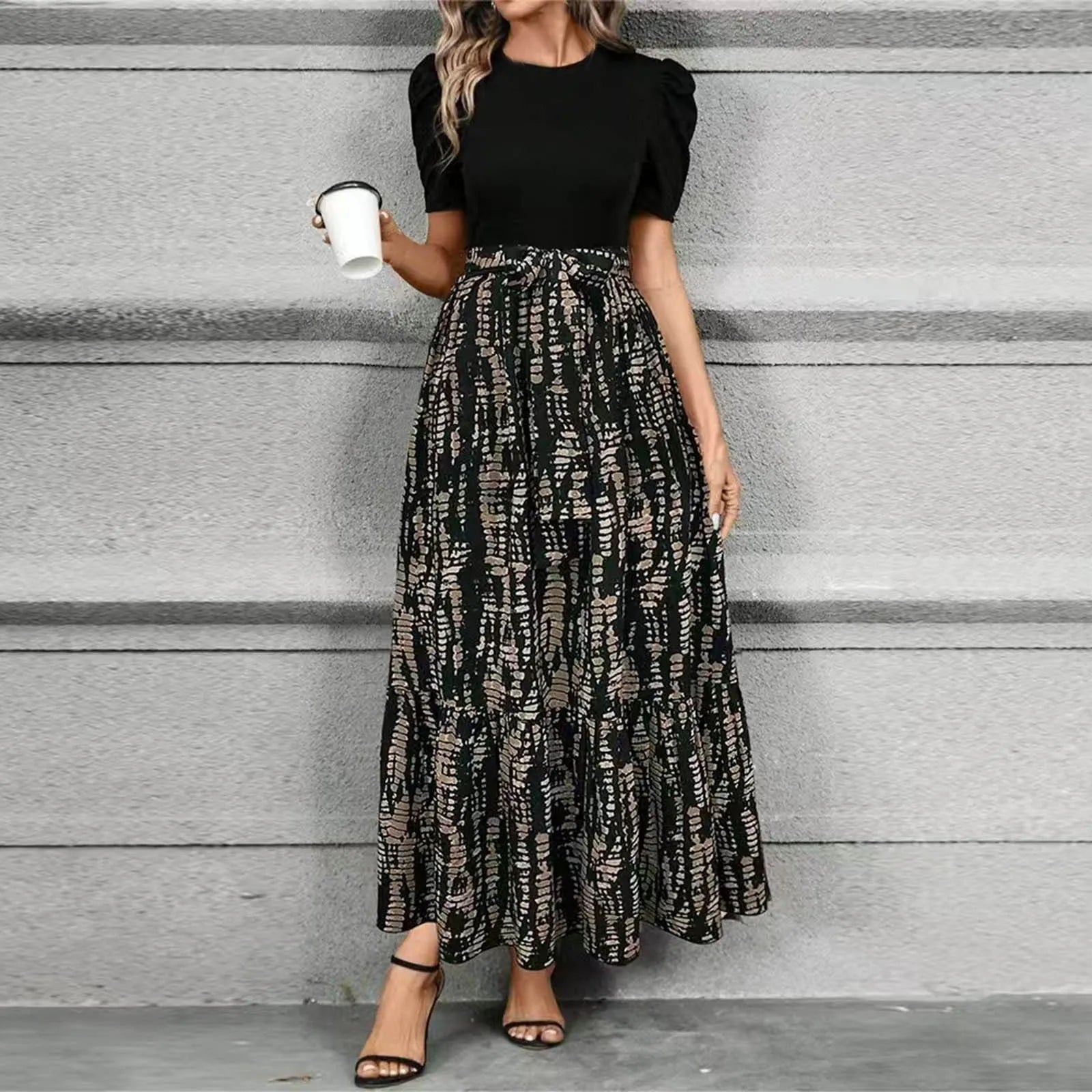 Elegant Lace-Up Ruffle Hem Dress