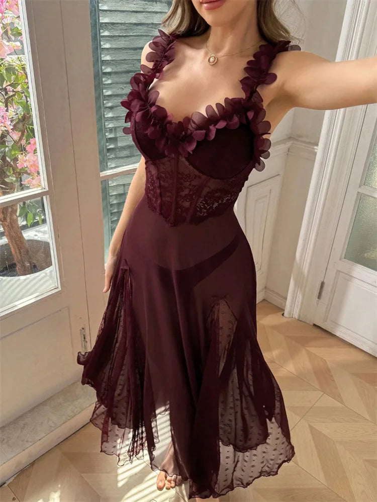 Night Dress Woman Suspenders Polka Dot Mesh Sleepwear Fairy Bow Long Dress Pajama Petal Nightwear V-Neck Backless Sexy Nightgown