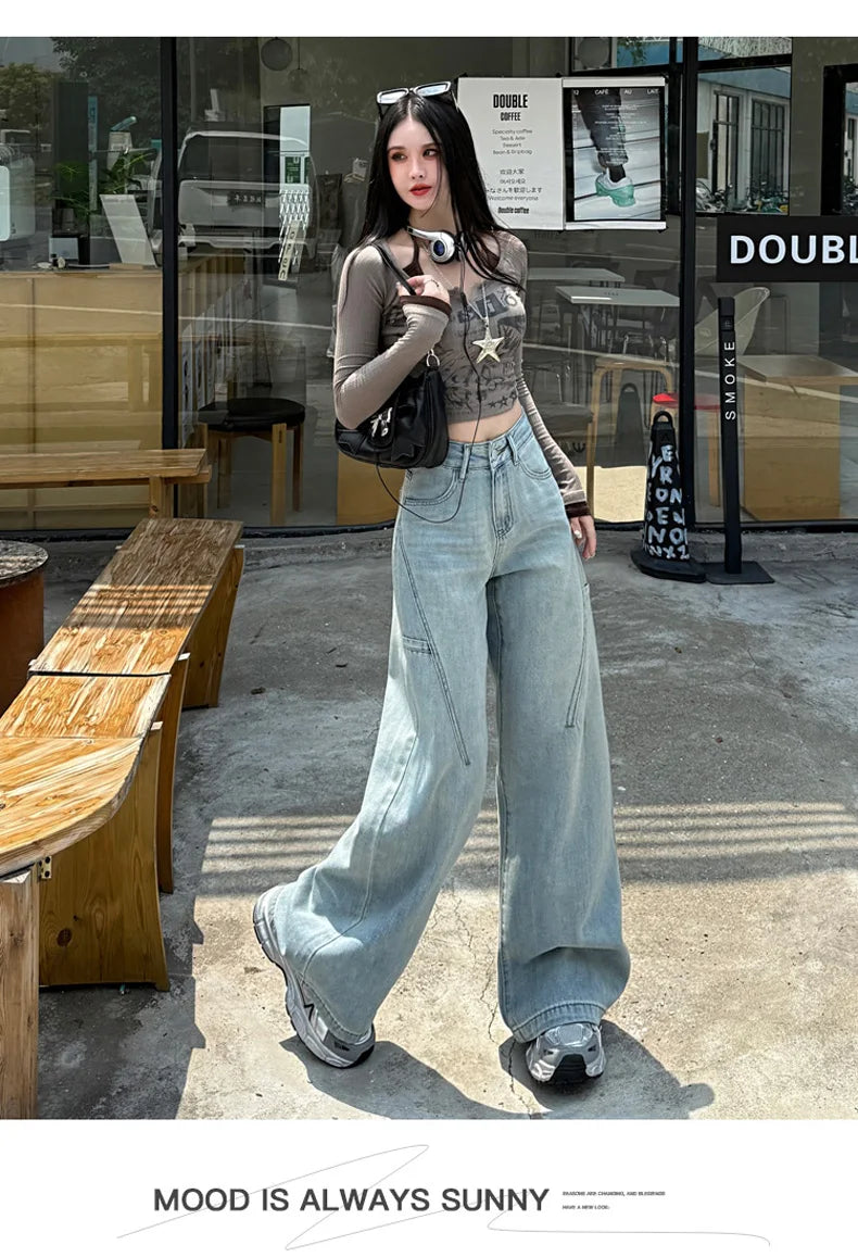 High Waisted Wide Leg Jeans Women Cotton Retro Denim Y2k Loose Fashion Design Sense Pant Streetwear Baggy Straight Trouser Woman