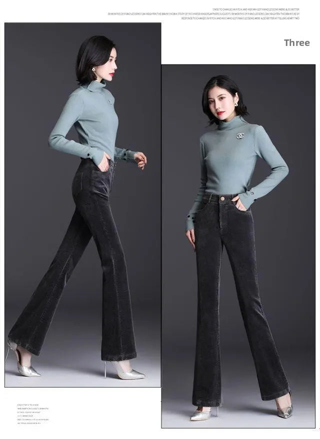 High Waist Corduroy Women's Pants Spring Autumn Winter Fashion Micro Flared Casual Trousers Slimming Warm Long Pants