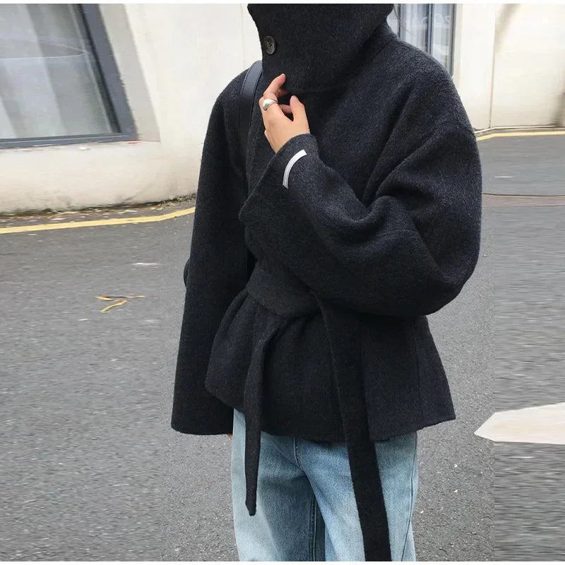 2025 Autumn Woolen Coats Women Casual Double Breasted Stand Collar Female Office Short Jackets Chic Lady Loose Street Outwear