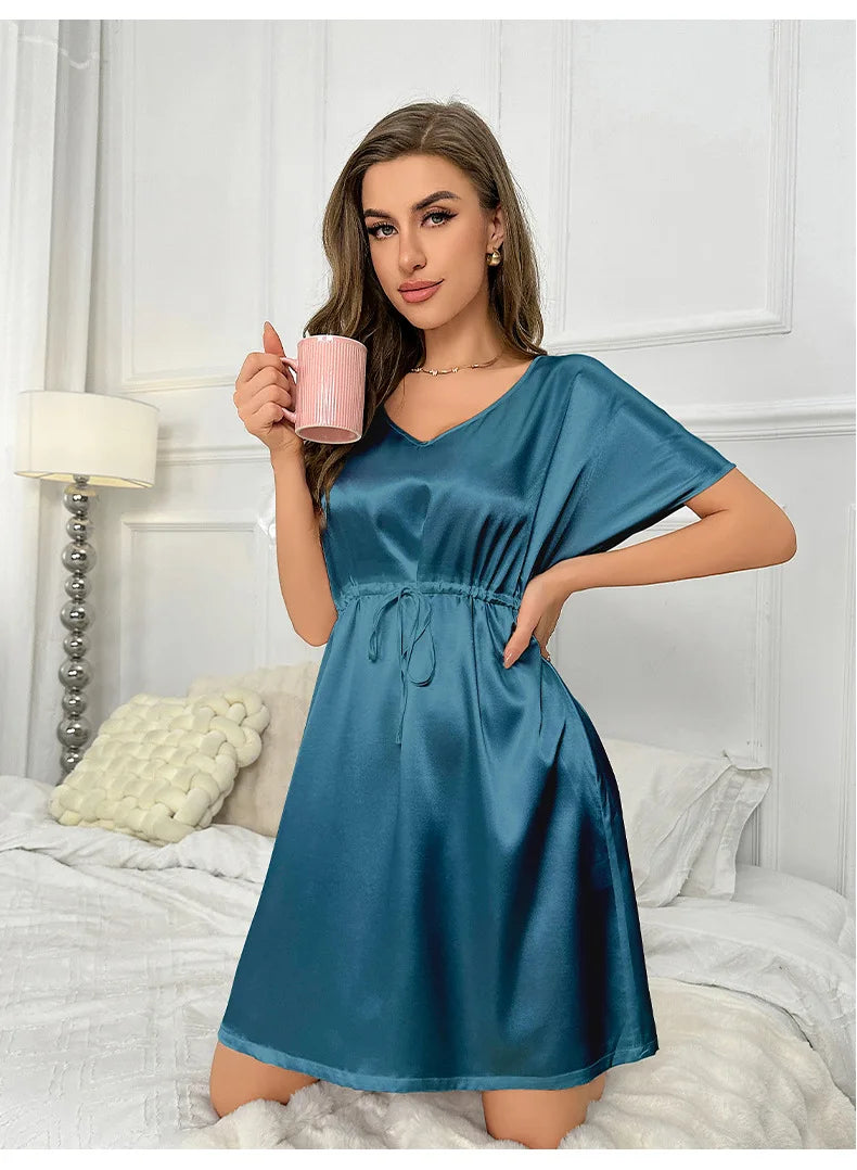 V-Neck Nightdress Loungewear Women Sleepwear Morning Gown Lingerie Sleepdress Robe Summer Nightgown Silky Satin Home Dress