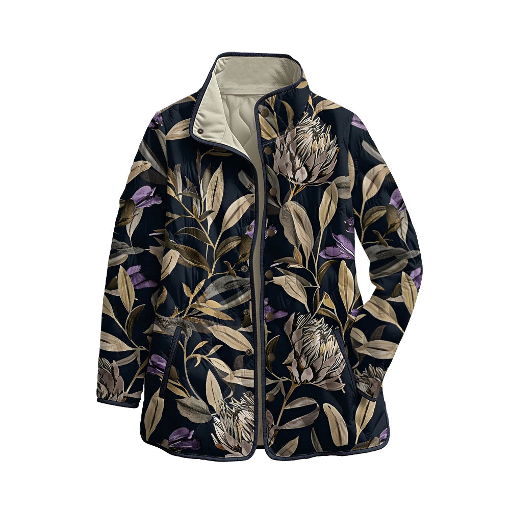Quilted Leaf Print Winter Jacket
