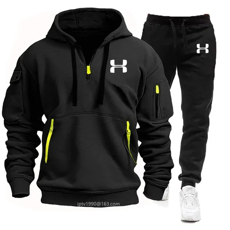 New Long Sleeve Hoodie with Zipper and Multiple Pockets for Men's Autumn and Winter + Sports and Leisure Pants Two-Piece Fitness