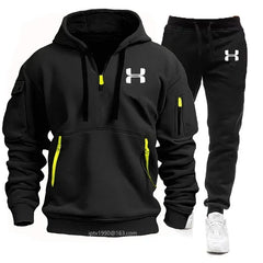 New Long Sleeve Hoodie with Zipper and Multiple Pockets for Men's Autumn and Winter + Sports and Leisure Pants Two-Piece Fitness
