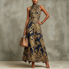Elegant Party Evening 2026 Summer Long Dresses New Vintage Classic Pattern Flower Printed Lapel A-Line Dresses For Women