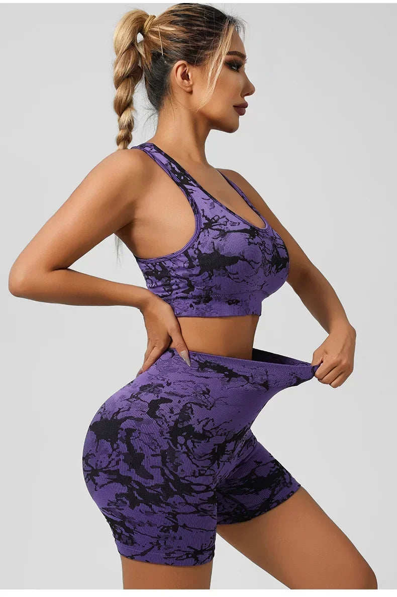 Women Seamless Tie Dye Yoga Set Quick Dry Sports Bra Shorts Lightweight Breathable Workout Outfit