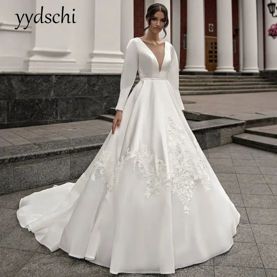 Elegant A-Line Lace Wedding Dress with Court Train