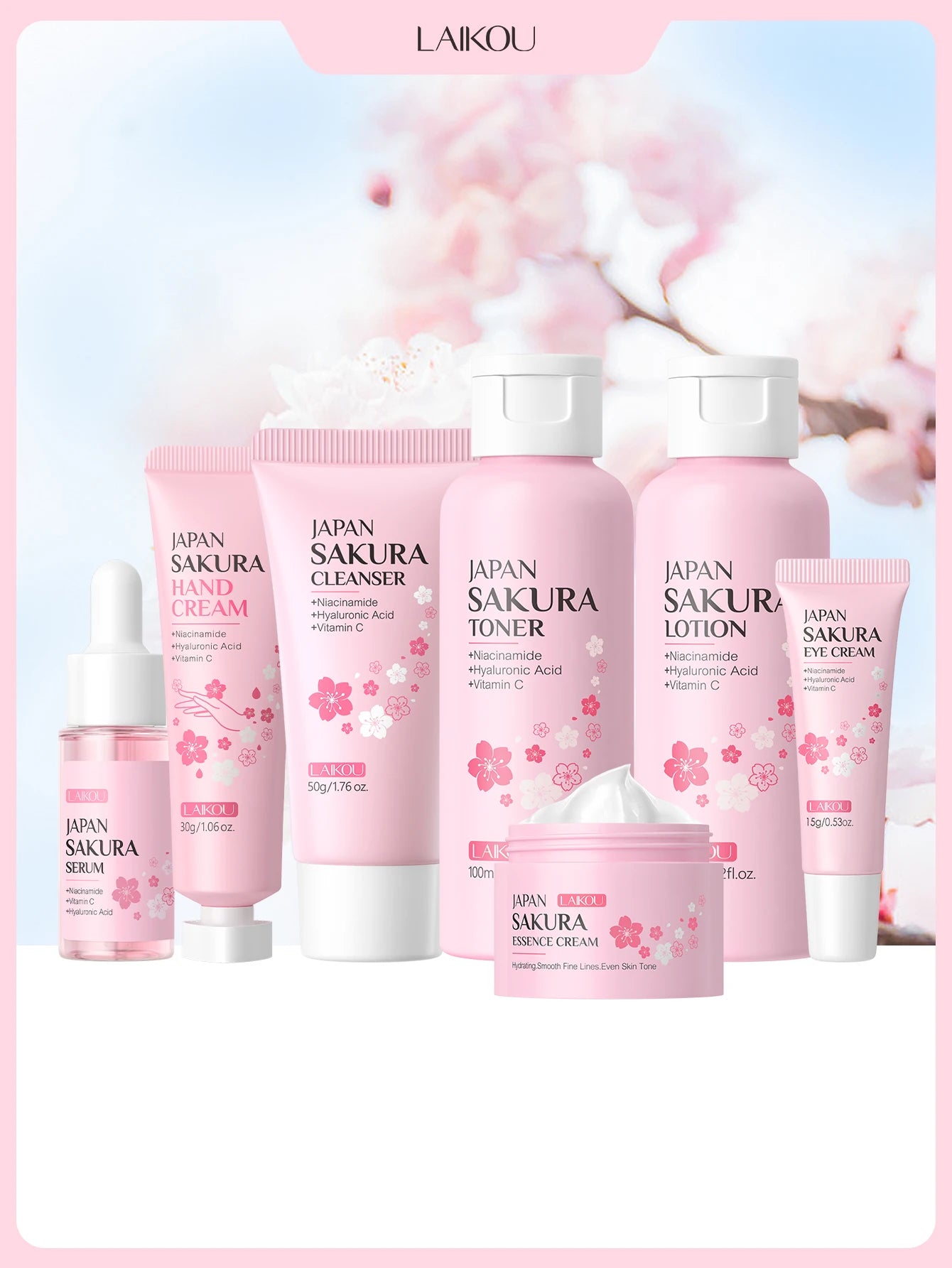 LAIKOU Japanese Sakura Skin Care Set - Hydrating Nourishing Moisturizing Soften Rough Skin for Radiant Complexion