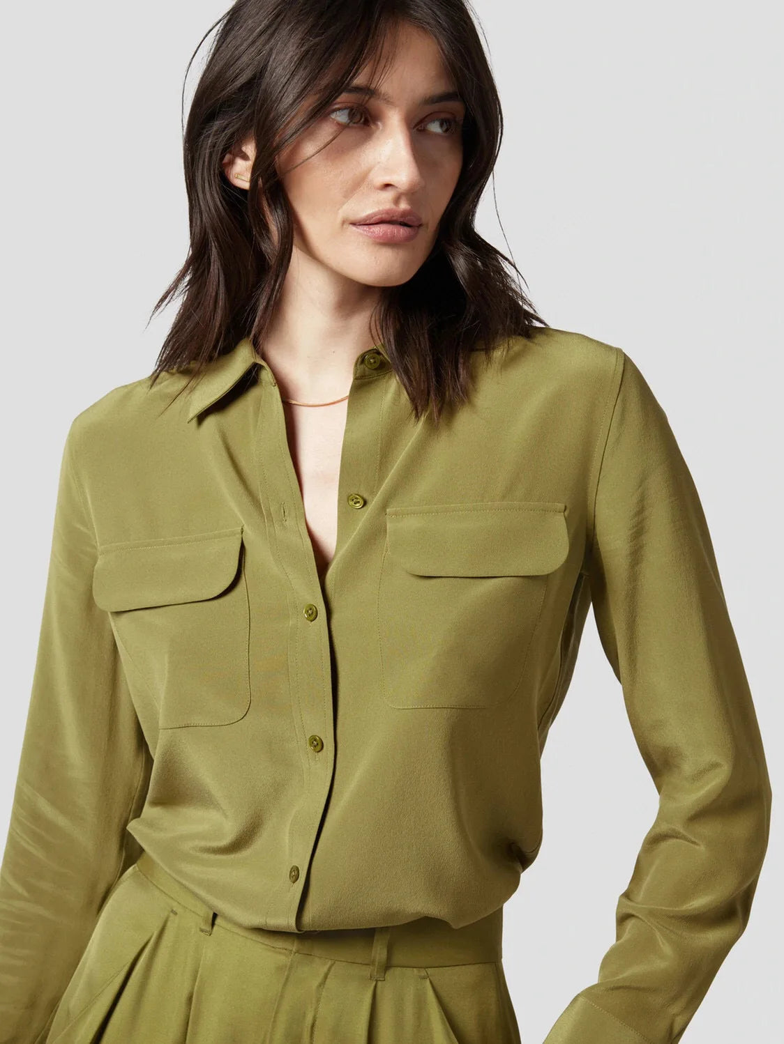 Women Real Silk Shirts Classic Double Pockets Solid Color Casual Fashion Long Sleeve Thin Shirt Blouses Tees