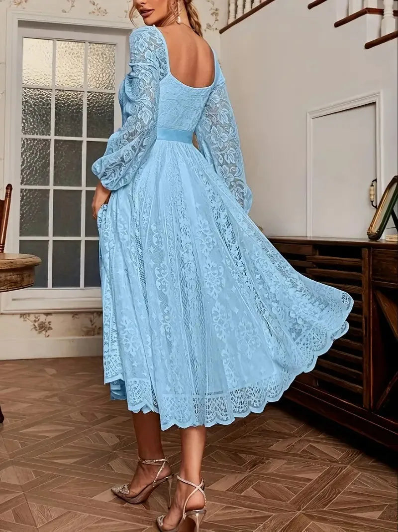 Elegant Party Dress For Woman Evening Prom Dresses Lace Long Gown V Neck Maxi Dress White Pink Floral Lace A Line Balloon Sleeve