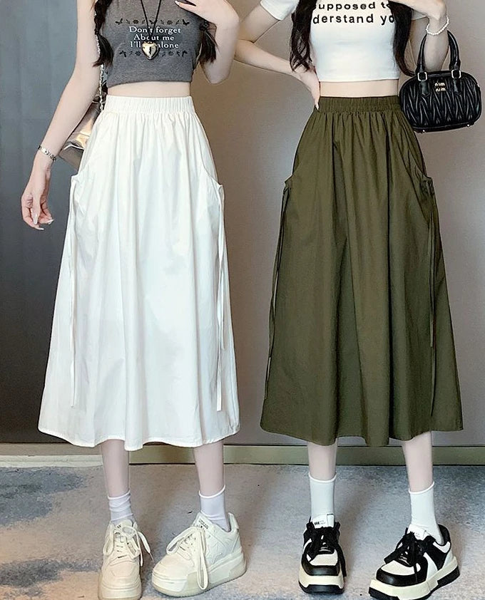 Drawstring Cargo A-Line Midi Skirt
