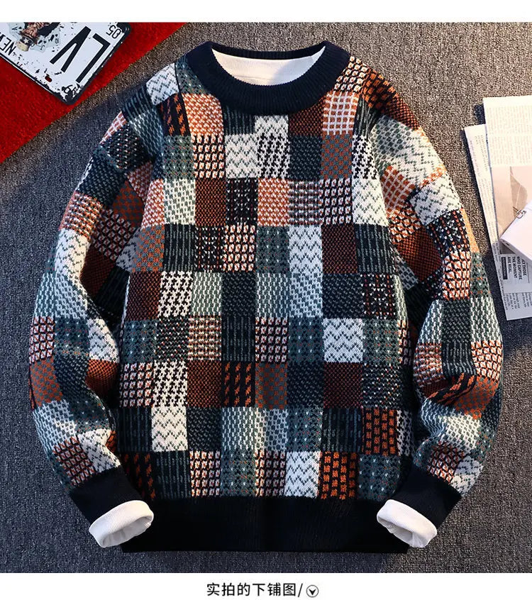 New Fashion Men Plaid Pullover Winter Sweaters Outwear Loose Casual Knitted Sweaters Male O-neck Pullovers Sweatercoats Size 4XL