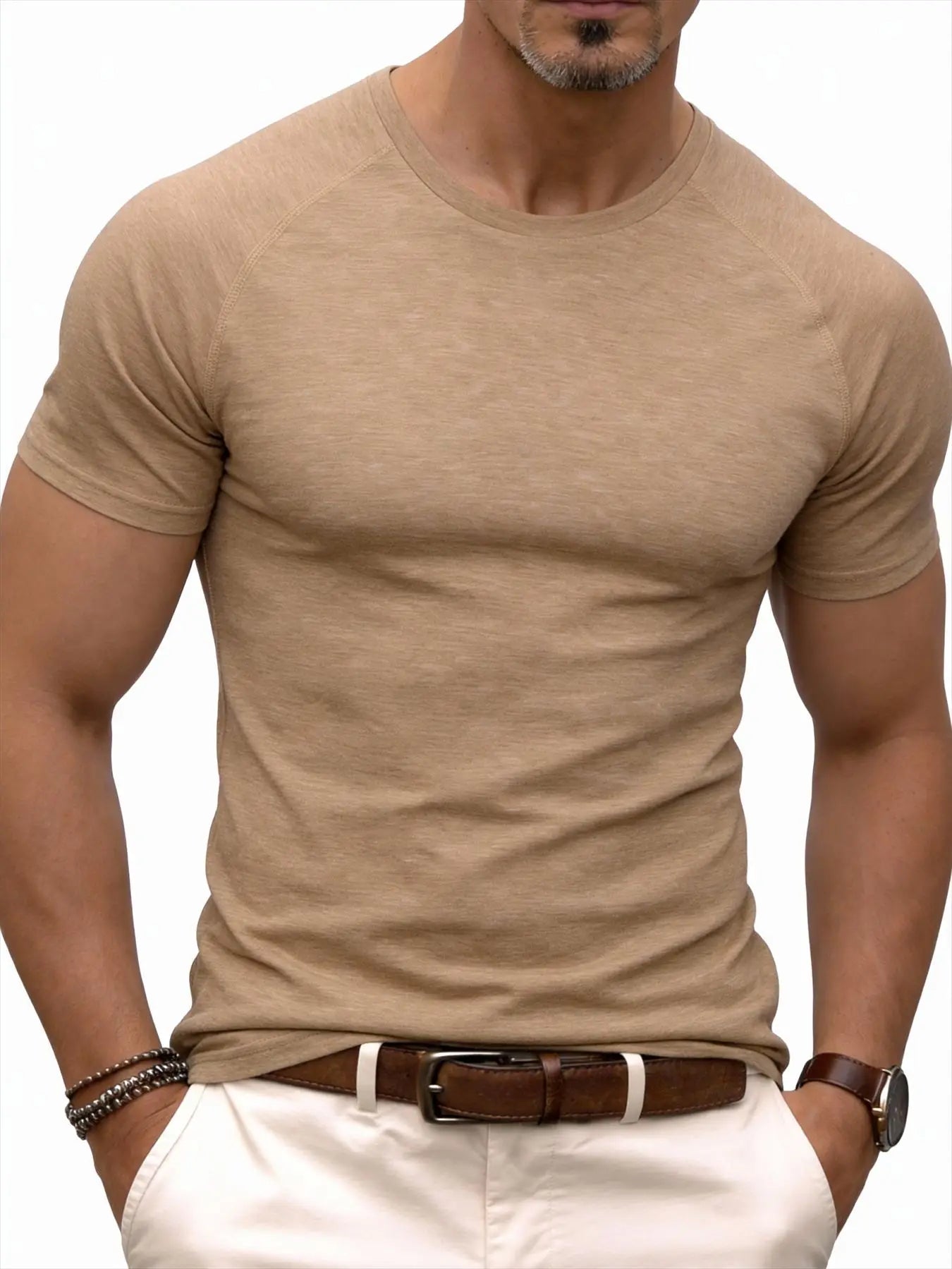 Men's fitness sports T-shirt for training, showing muscles, loose fit, suitable for summer fashion and casual running.